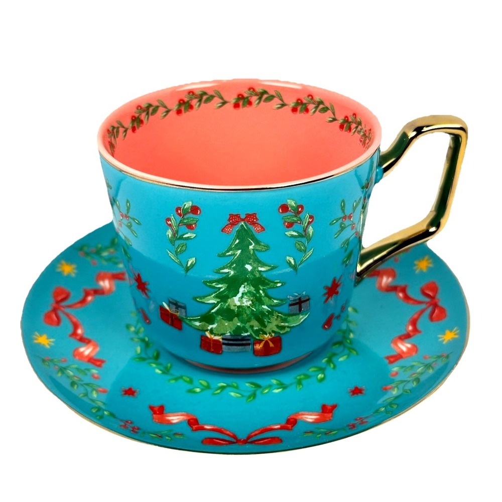 Monterey Bay Fine Porcelain Christmas Tree Tea Cup‎ Saucer Set Teal Gold